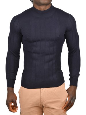 Rizzup Erkek Lacivert Yarım Balıkçı Yaka Çizgili Tüylenmeyen Slim Fit Triko Kazak 2505491