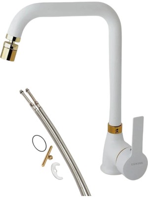 Beyaz Gold 360 Derece Hareketli Başlıklı Mutfak Eviye Bataryası Musluğu