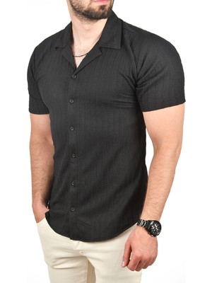 Rizzup Erkek Siyah Slim Fit Pamuklu Apaş Yaka Kısa Kol Penye Gömlek Dokulu Jakar Kumaş Dar Kesim Spor Gömlek 2501216