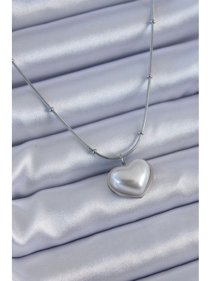 K-Yonlineticaret 316L Çelik Gümüş Renk Incili Kalp Model Minimal Top Detay Kadın Kolye