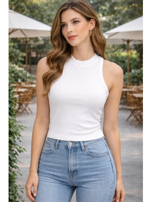 İnce Moda Giyim Kadın Fitilli Kolsuz Yarım Balıkçı Yaka Basic Atlet Bluz