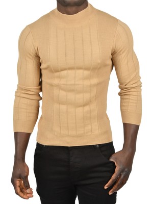 Rizzup Erkek Camel Yarım Balıkçı Yaka Çizgili Tüylenmeyen Slim Fit Triko Kazak 2505491