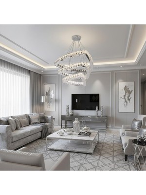 Elizim Home Lighting Simet 3 Katlı Kristal Taşlı Krom Ledli Avize