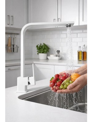 Beyaz Kare Mutfak Eviye Musluğu Bataryası Beyaz Krom Mutfak Bataryası