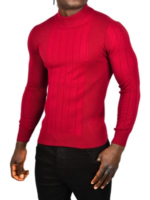 Rizzup Erkek Bordo Yarım Balıkçı Yaka Çizgili Tüylenmeyen Slim Fit Triko Kazak 2505491