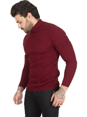 Rizzup Erkek Bordo Yarım Balıkçı Yaka Çizgi Desenli Kazak Basic Düz Triko 2100015