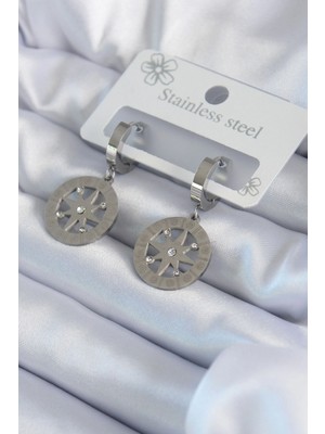 K-Yonlineticaret 316L Çelik Gümüş Renk Kutup Yıldızı Model Zirkon Taş Işleme Detay Kadın Küpe