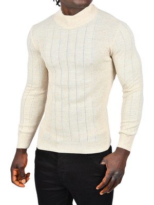 Rizzup Erkek Bej Yarım Balıkçı Yaka Çizgili Tüylenmeyen Slim Fit Triko Kazak 2505491