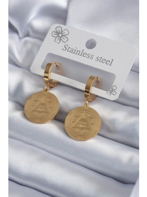 K-Yonlineticaret 316L Çelik Gold Renk Pentagram Işleme Model Kadın Küpe