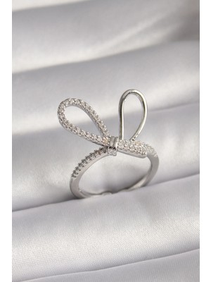 K-Yonlineticaret Pirinç Gümüş Renk Zirkon Taşlı Düğüm Model Kadın Yüzük