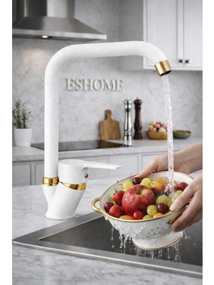 Beyaz Köşe Borulu Mutfak Musluğu Bataryadı