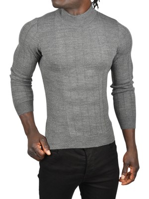 Rizzup Erkek Antrasit Yarım Balıkçı Yaka Çizgili Tüylenmeyen Slim Fit Triko Kazak 2505491