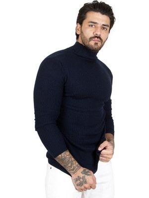 Rizzup Erkek Lacivert Yarım Balıkçı Yaka Çizgi Desenli Kazak Basic Düz Triko 2100015