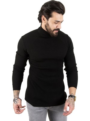 Rizzup Erkek Siyah Yarım Balıkçı Yaka Çizgi Desenli Kazak Basic Düz Triko 2100015