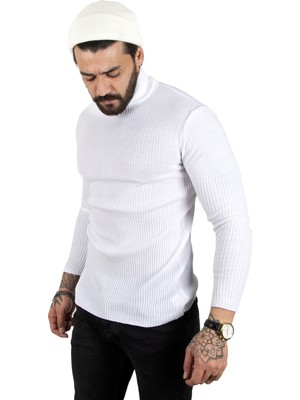 Rizzup Erkek Beyaz Yarım Balıkçı Yaka Çizgi Desenli Kazak Basic Düz Triko 2100015
