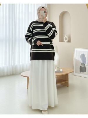 Modamorfo Yuvarlak Yaka Çizgili Yumoş Triko Kazak -K. Kahve