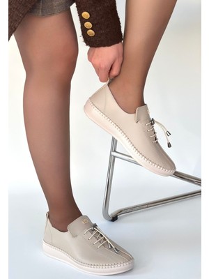 DMR Elegance Warte Bej Deri Bağcıklı Spor Ayakkabı