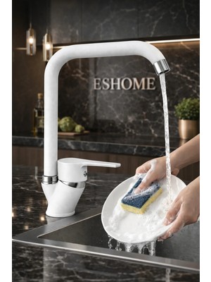 Beyaz Köşe Borulu Mutfak Musluğu Bataryadı