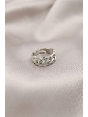 K-Yonlineticaret Gümüş Renk Metal Zincir Model Taşlı Kadın Yüzük