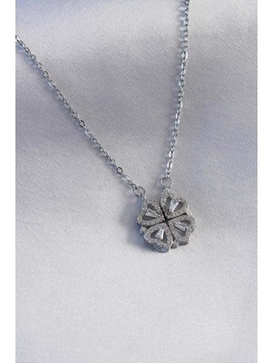 K-Yonlineticaret 316L Çelik Gümüş Renk Açılır Yonca Model Kadın Kolye