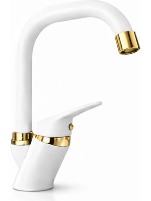 Beyaz Gold Banyo Lavabo Bataryası Musluğu Köşe Borulu