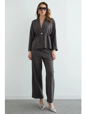 FullaModa Çizgili Beli Lastikli Blazer 2 Li Takım