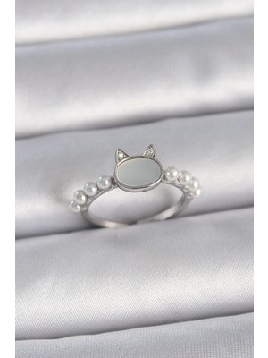 K-Yonlineticaret Pirinç Gümüş Renk Ayarlanabilir Beyaz Mineli Kedi Model Inci Detay Kadın Yüzük