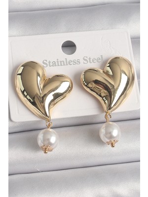 K-Yonlineticaret Pirinç Gold Renk Kalp Model Sallantı Inci Detay Kadın Küpe