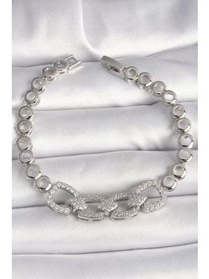 K-Yonlineticaret Pirinç Gümüş Renk Zirkon Taşlı Daire Zincir Model Kadın Bileklik