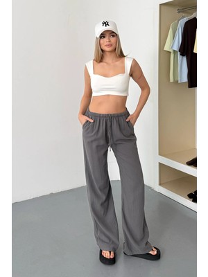 Jee Lee Kadın Beli Ayarlanabilir Bol Paça %100 Pamuklu Pantolon Antrasit - 26Y YP5545