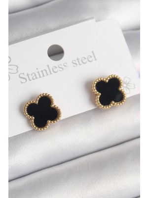 K-Yonlineticaret 316L Çelik Gold Renk Siyah Yonca Model Kadın Küpe