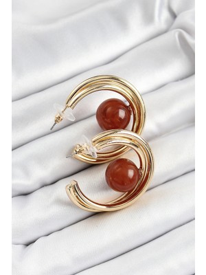 K-Yonlineticaret Pirinç Gold Renk Halka Model Kahverengi Boncuk Detay Kadın Küpe