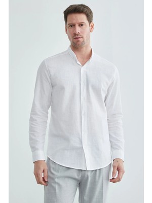 FullaModa Keten Görünümlü Uzun Kollu Gömlek