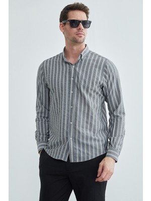 FullaModa Çizgili Jakarlı Gömlek