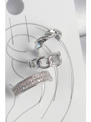 K-Yonlineticaret Pirinç Gümüş Renk Zirkon Taşlı 3'lü Zincir Sarmal Model Kadın Kıkırdak Küpe