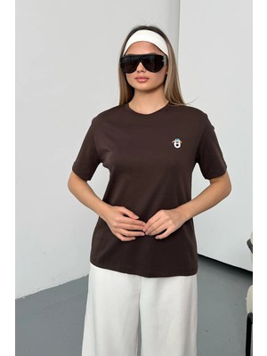 Giysa Kadın Köpek Nakışlı %100 Pamuklu T-Shirt Kahverengi - 26Y 26730