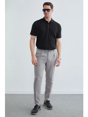 FullaModa Beli Bağcıklı Lastikli  Kumaş Pantolon