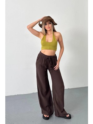 Jee Lee Kadın Beli Ayarlanabilir Çift Cepli Bol Paça Pantolon Kahverengi - 26Y 4010
