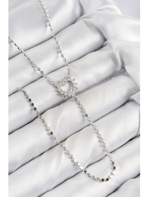 K-Yonlineticaret Pirinç Zirkon Taşlı Ezme Zincirli Kalp Model Gümüş Renk Y Kolye