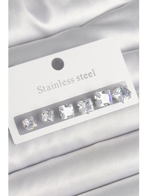 K-Yonlineticaret 316L Çelik Gümüş Renk Kare Zirkon Taşlı Kadın Küpe Seti