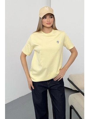 Giysa Kadın Köpek Nakışlı %100 Pamuklu T-Shirt Sarı - 26Y 26730