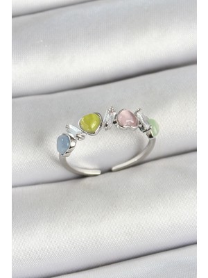 K-Yonlineticaret Pirinç Sıralı Kalp Figürlü Zirkon Taşlı Gümüş Renk Ayarlanabilir Kadın Yüzük