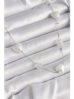 K-Yonlineticaret Pirinç Gümüş Renk Beyaz Inci Kalp Model Kadın Kolye