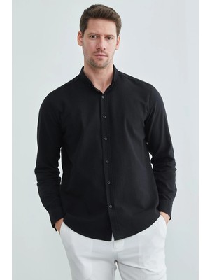 FullaModa Keten Görünümlü Uzun Kollu Gömlek