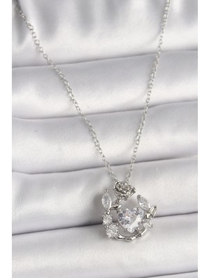 K-Yonlineticaret 316L Çelik Gümüş Renk Zincir Zirkon Taşlı Kalp Figür Gül Detay Kadın Kolye