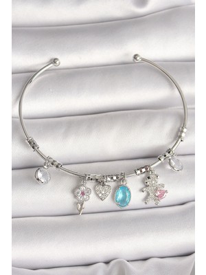 K-Yonlineticaret Pirinç Gümüş Renk Sallantı Zirkon Taşlı Ayıcık Figür Çiçek Detay Charm Kadın Bilekl