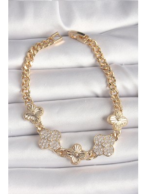 K-Yonlineticaret Pirinç Gold Renk Zirkon Taşlı Yonca Model Kadın Bileklik