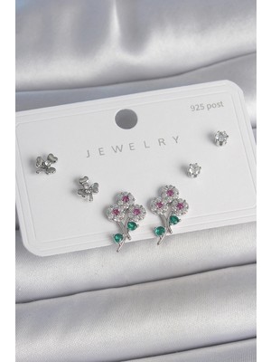 K-Yonlineticaret Pirinç Gümüş Renk Renkli Zirkon Taşlı Çiçek Model Yaprak Detay 925 Ayar Gümüş Çivi