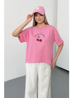 Giysa Kadın Kiraz Baskılı %100 Pamuklu T-Shirt Pembe - 26Y 26519