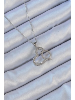 K-Yonlineticaret 316L Çelik Zincir Gümüş Renk Zirkon Taşlı Yüzüklü Kalp Kolye